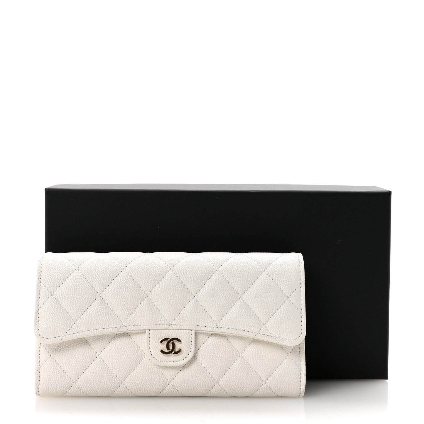 Caviar Quilted Large Gusset Flap Wallet White