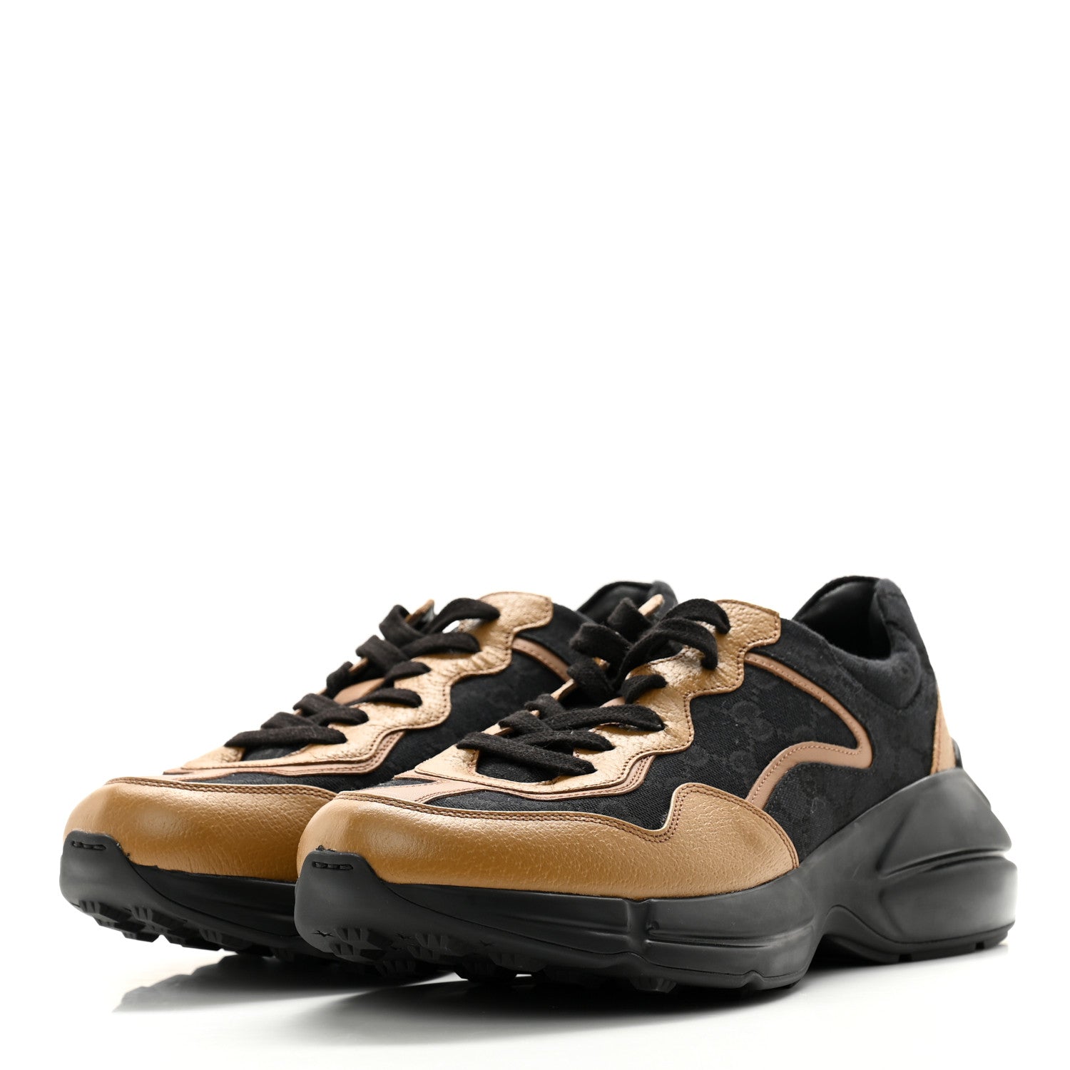 Gucci Monogram Textured Dollar Calfskin Mens Rhyton Sneakers 8 Black Khaki Beige 3 of 12