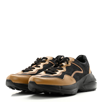 Gucci Monogram Textured Dollar Calfskin Mens Rhyton Sneakers 8 Black Khaki Beige 3 of 12