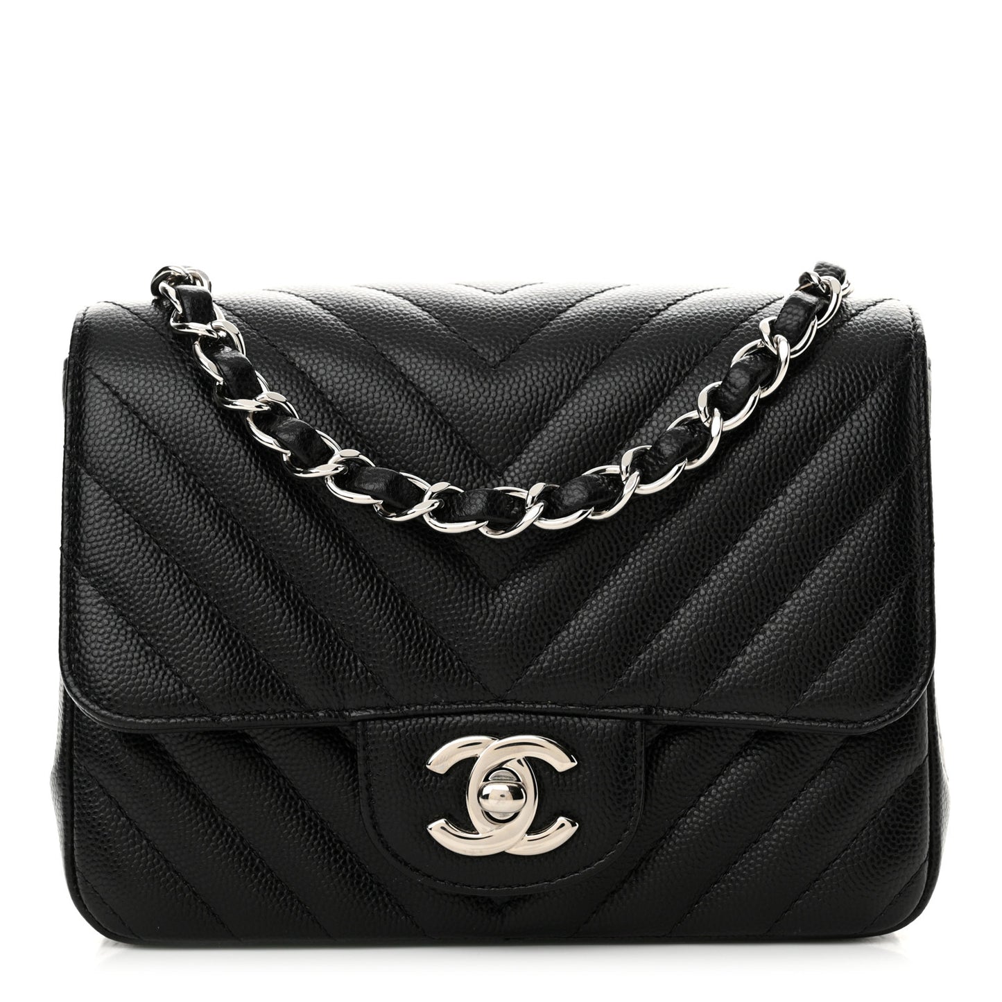 Caviar Chevron Quilted Mini Square Flap Black