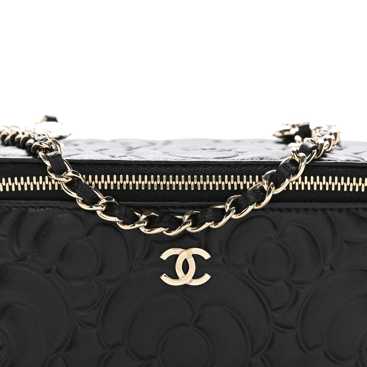 Lambskin Camellia Embossed Small Vanity Case With Chain Black