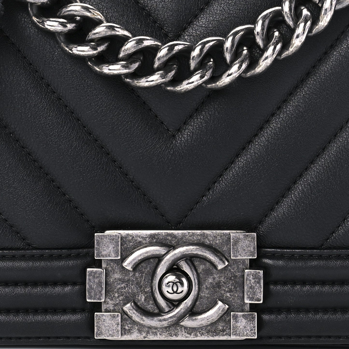 Calfskin Chevron Quilted Small Boy Flap Black