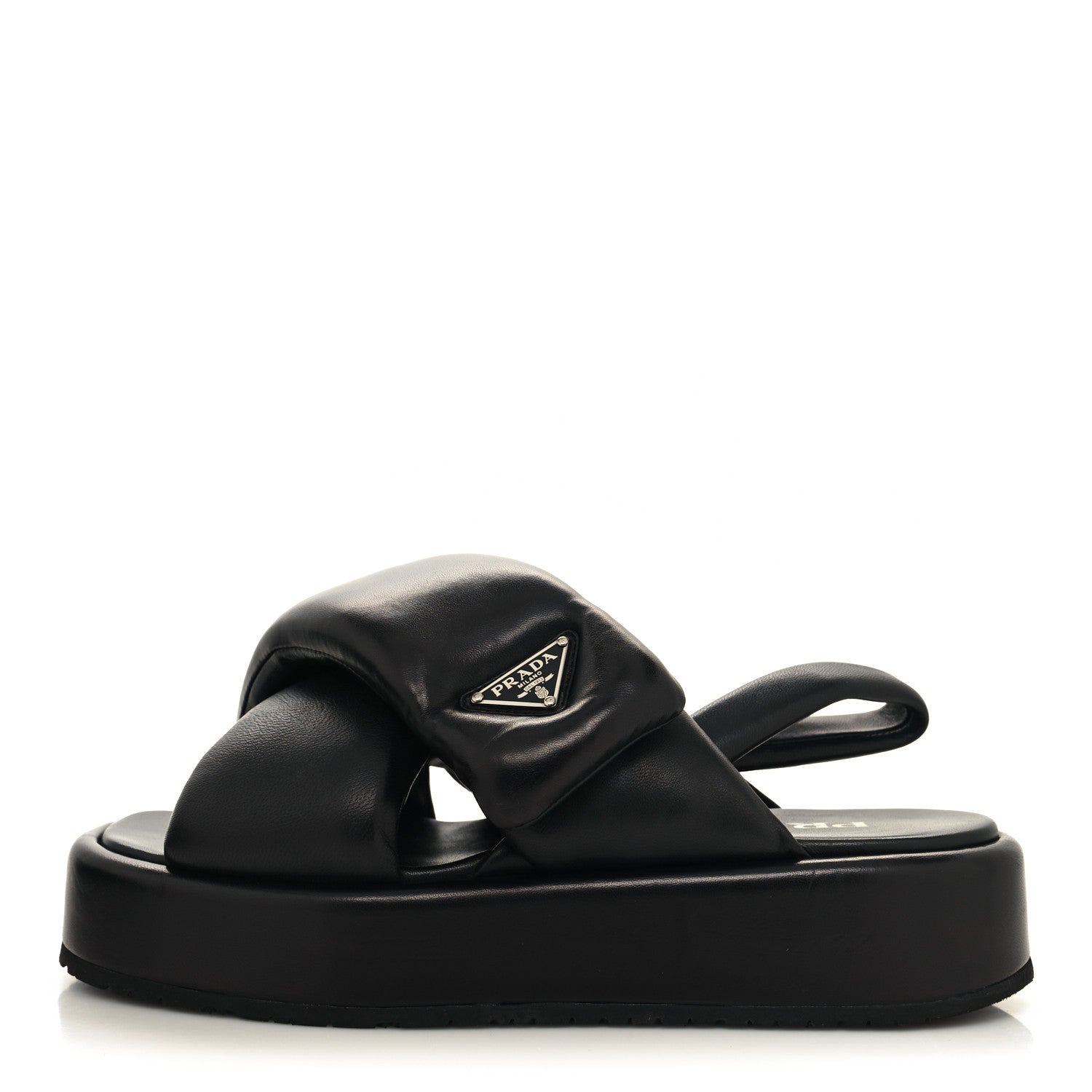 Prada Nappa Soft Metal Triangle Logo Padded Slingback Wedge Sandals 38.5 Black 1 of 8