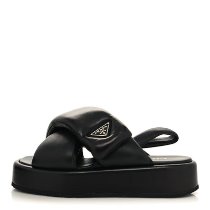 Prada Nappa Soft Metal Triangle Logo Padded Slingback Wedge Sandals 38.5 Black 1 of 8