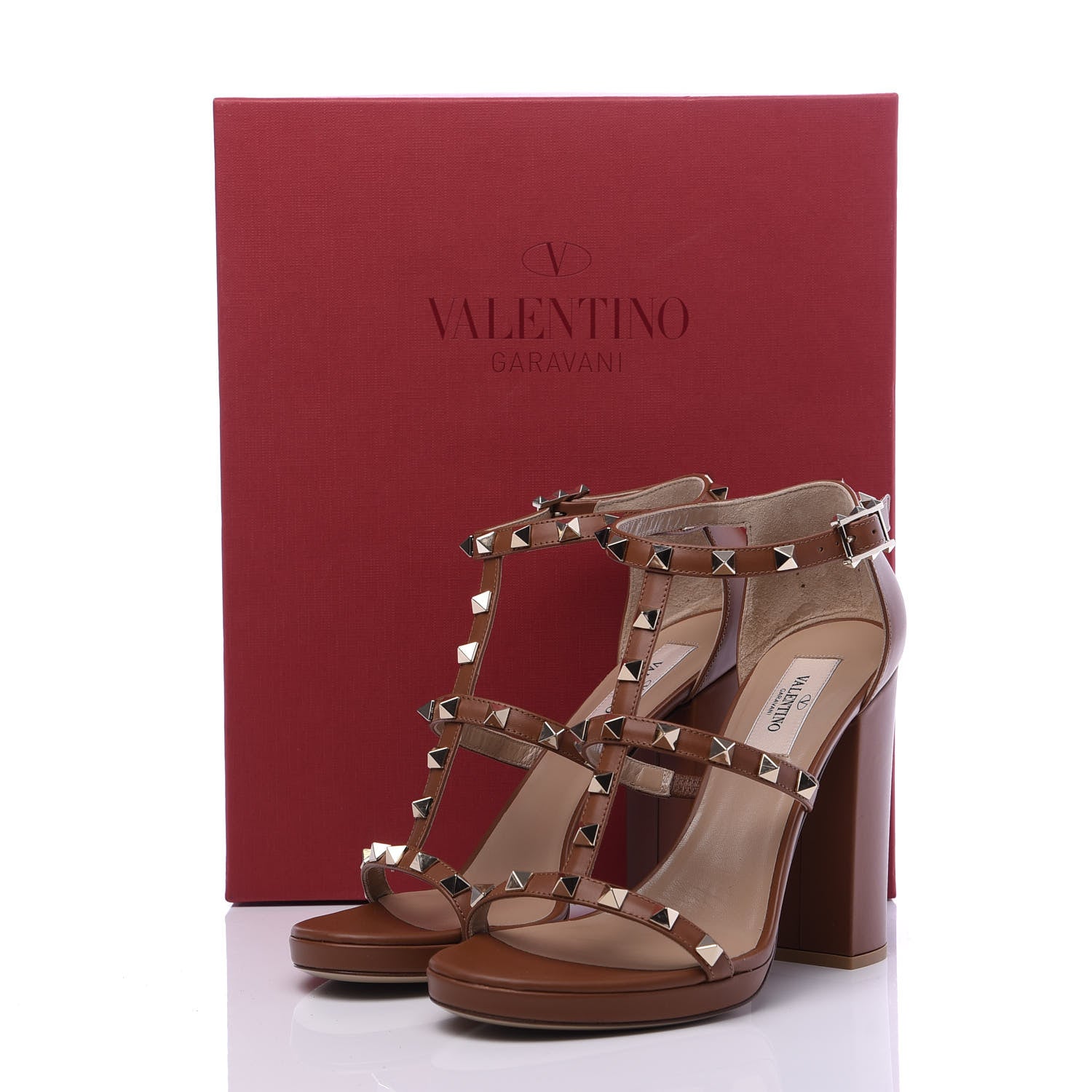 Valentino Garavani Calfskin Rockstud T-Strap 10/110mm Platform Sandals 37.5 Saddle Brown 9 of 9