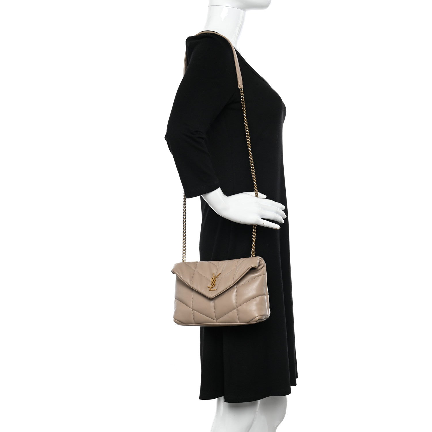 Saint Laurent Lambskin Quilted Toy Loulou Puffer Monogram Chain Satchel Dark Beige 2 of 10