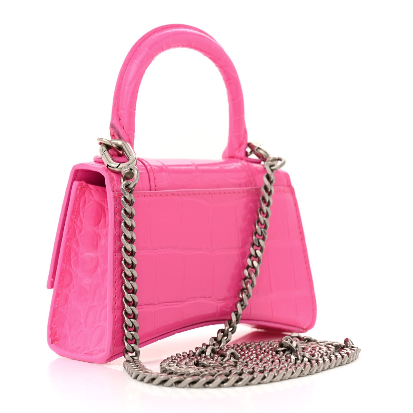Shiny Calfskin Crocodile Embossed Hourglass Top Handle Bag Mini with Chain Neon Pink