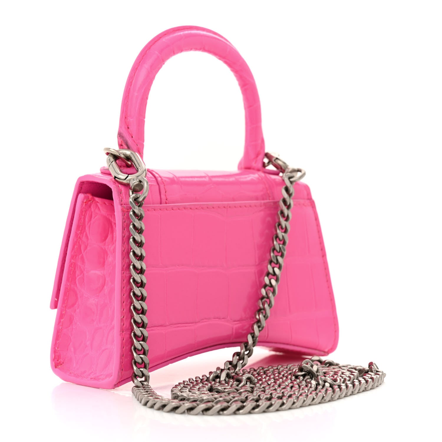 Balenciaga Shiny Calfskin Crocodile Embossed Hourglass Top Handle Bag Mini with Chain Neon Pink 3 of 14
