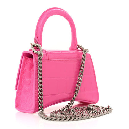 Balenciaga Shiny Calfskin Crocodile Embossed Hourglass Top Handle Bag Mini with Chain Neon Pink 3 of 14