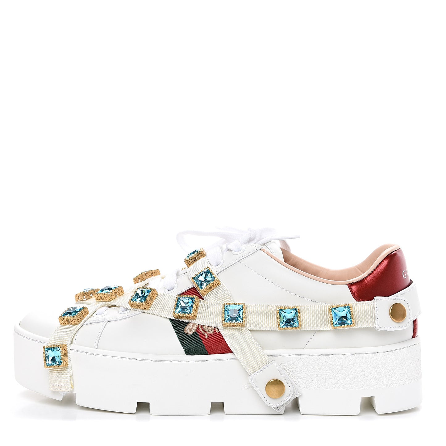 Calfskin Removable Crystals Bee Embroidered Ace Platform Sneakers 37.5 White