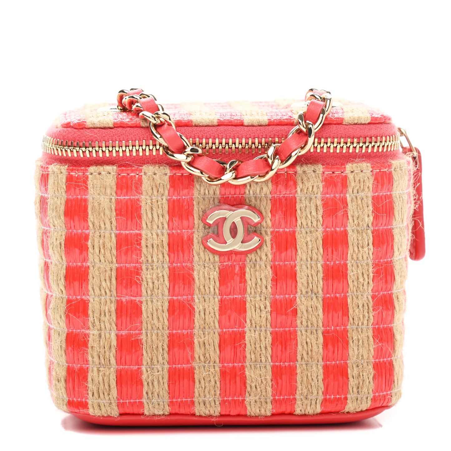 Raffia Jute Striped Mini Vanity Case With Chain Red Beige