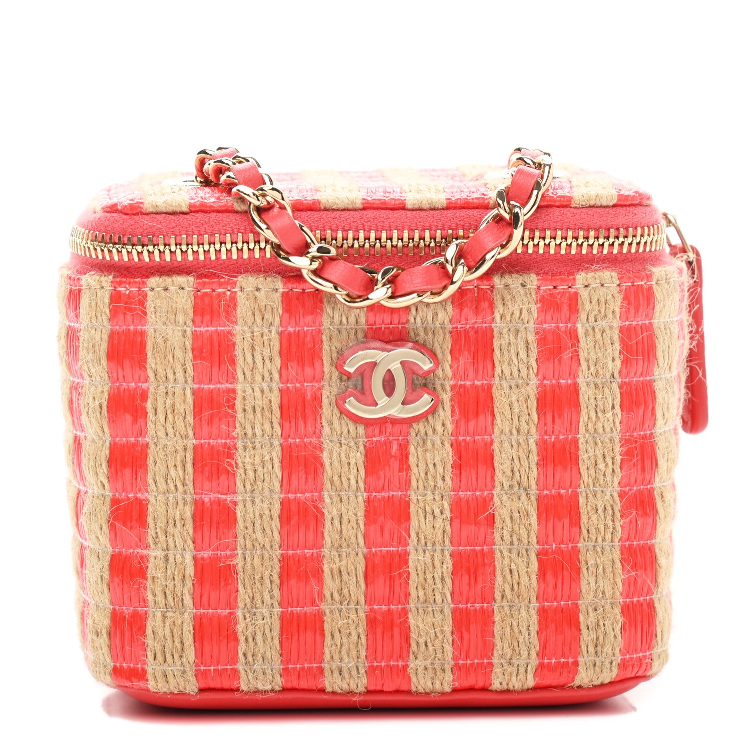 Chanel Raffia Jute Striped Mini Vanity Case With Chain Red Beige 1 of 6