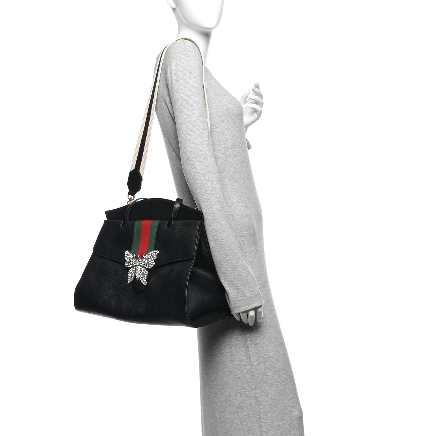 Grained Calfskin Web Crystal Butterfly Stripe Large Totem Top Handle Bag Black