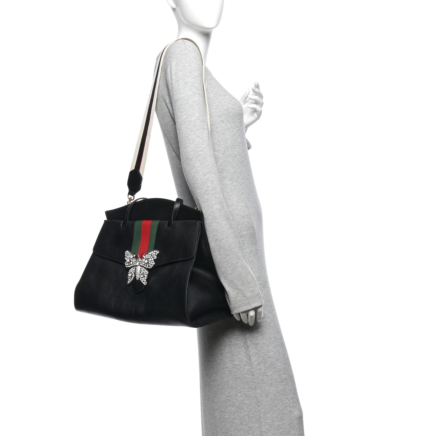Gucci Grained Calfskin Web Crystal Butterfly Stripe Large Totem Top Handle Bag Black 2 of 11