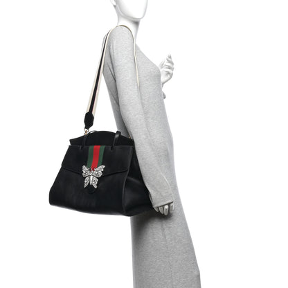 Gucci Grained Calfskin Web Crystal Butterfly Stripe Large Totem Top Handle Bag Black 2 of 11