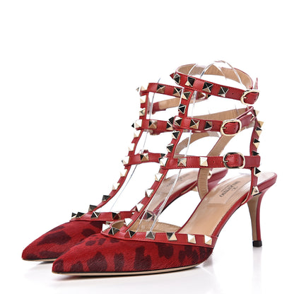 Valentino Garavani Calf Hair Leopard Print Rockstud Ankle Strap 65mm Pumps 37 Rosso Valentino 3 of 16