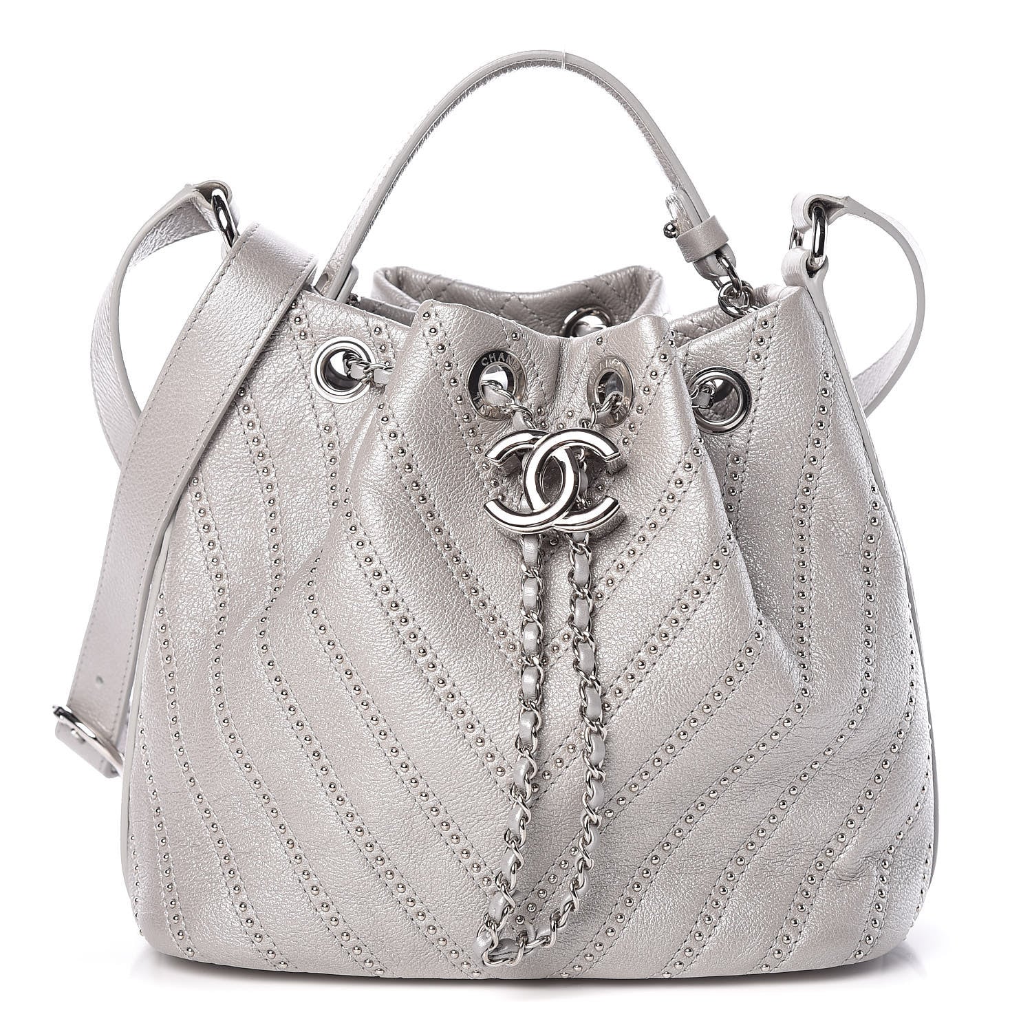 Chanel Metallic Calfskin Studded Chevron Quilted Small Stud Wars Drawstring Bag Silver 1 of 10