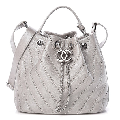 Chanel Metallic Calfskin Studded Chevron Quilted Small Stud Wars Drawstring Bag Silver 1 of 10