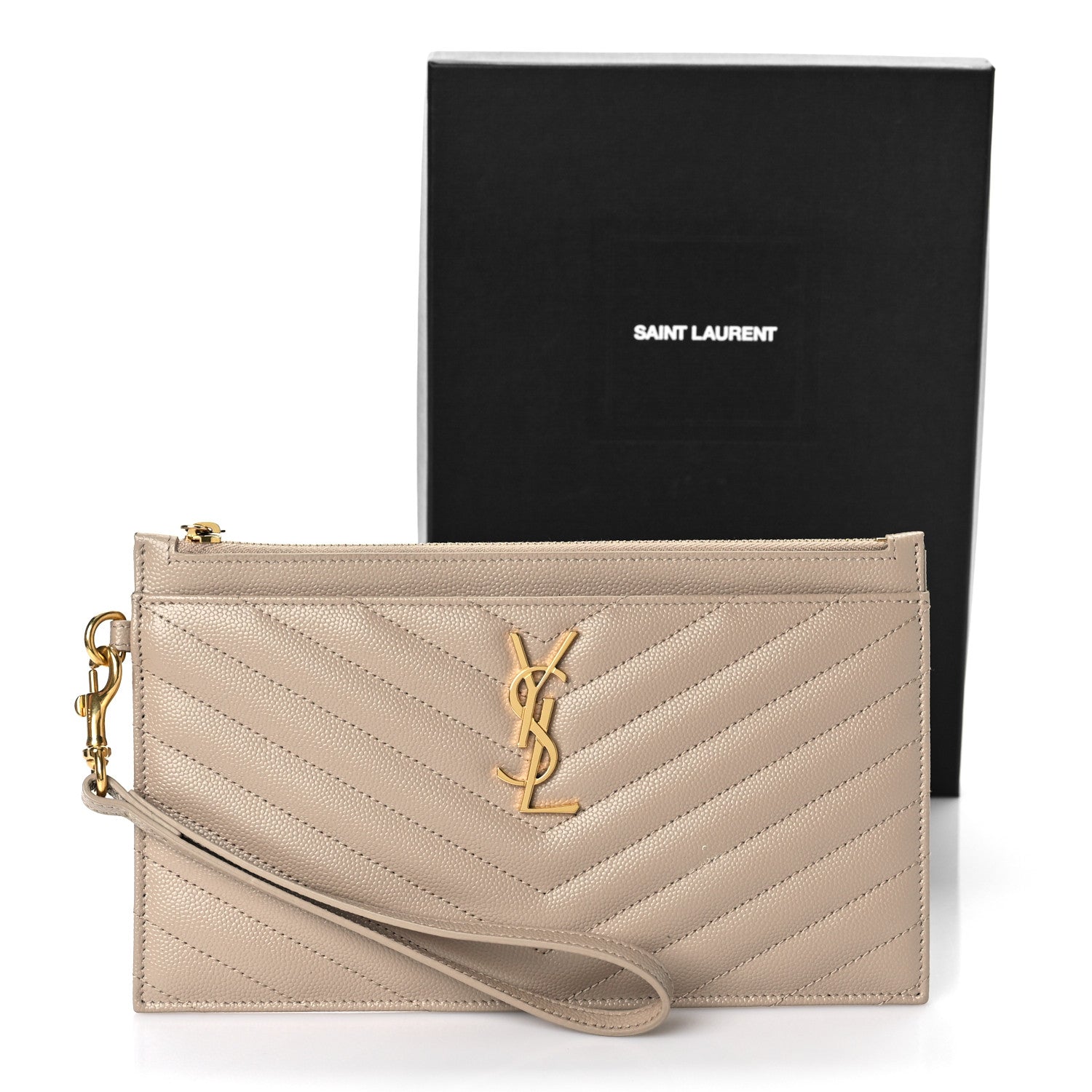 Saint Laurent Grain De Poudre Chevron Monogram Large Bill Pouch Dark Beige 11 of 11
