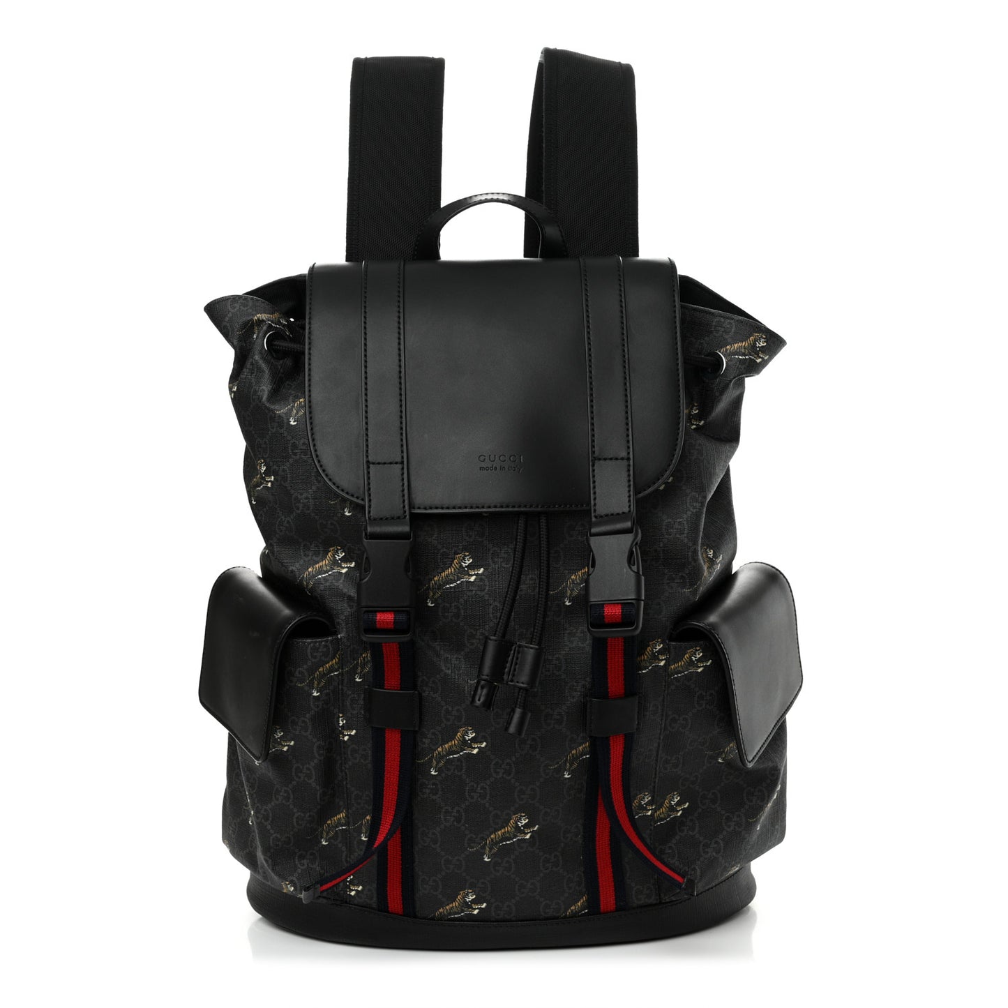 Soft GG Supreme Monogram Appia Calfskin Web Double Buckle Backpack Black