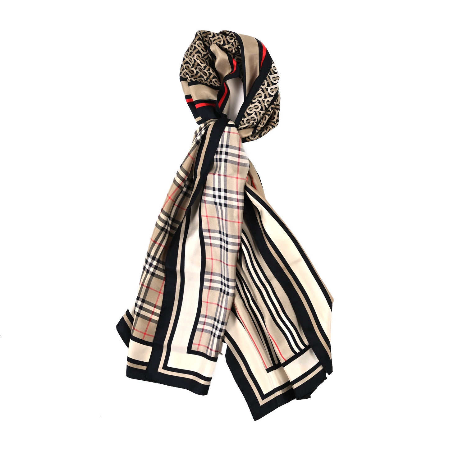 Silk Vintage Check Icon Stripe TB Monogram Print Scarf Archive Beige
