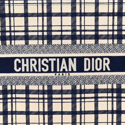 Christian Dior Canvas Embroidered Large Plaid Book Tote Navy 8 of 10