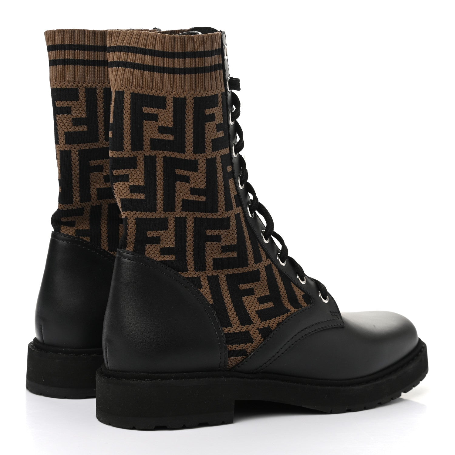Fendi Calfskin Stretch Fabric FF Rockoko Biker Boots 37.5 Black Tobacco 4 of 8