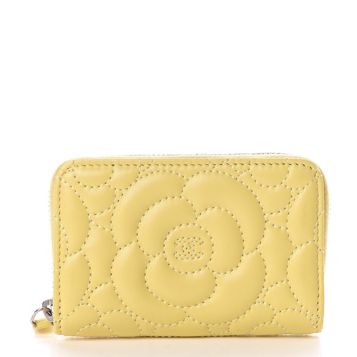 Lambskin Camellia Embossed Zip Coin Purse Yellow