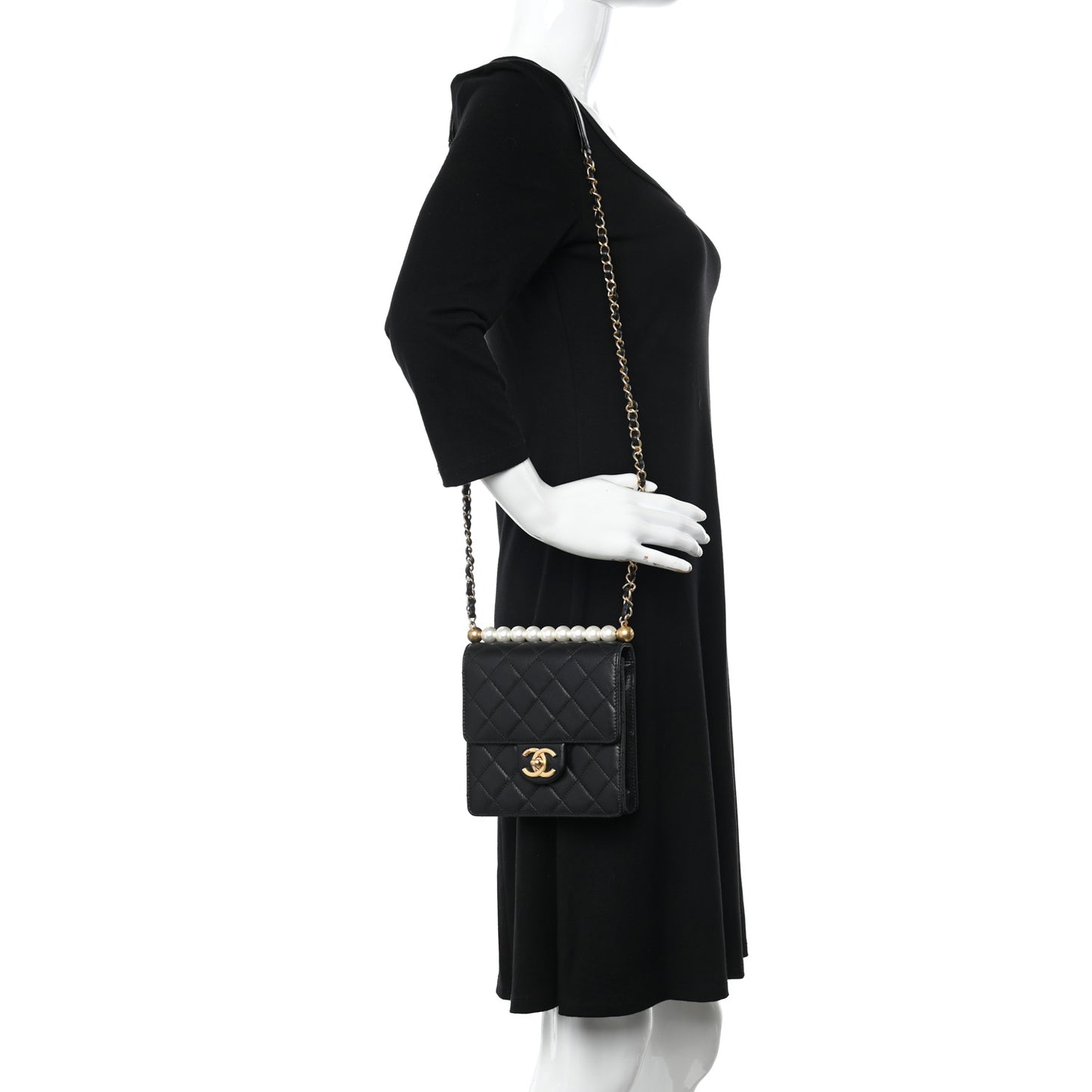 Lambskin Quilted Chic Pearls Flap Black