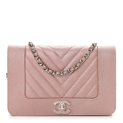 Chanel Metallic Caviar Chevron Quilted Vintage Mademoiselle Wallet On Chain WOC Pink 1 of 12