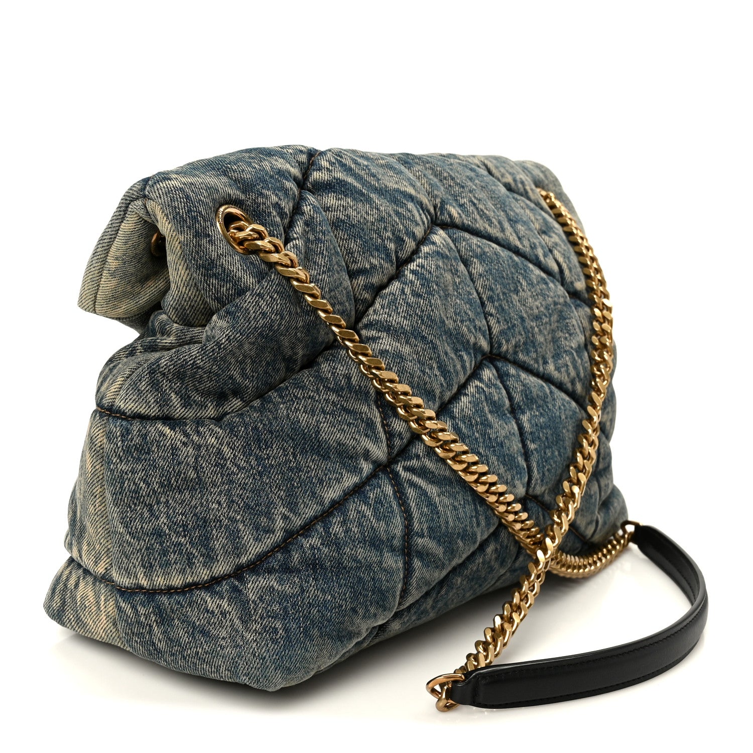 Saint Laurent Denim Quilted Medium Loulou Puffer Monogram Chain Satchel Black Blue 3 of 10