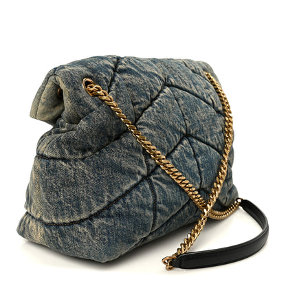 Saint Laurent Denim Quilted Medium Loulou Puffer Monogram Chain Satchel Black Blue 3 of 10