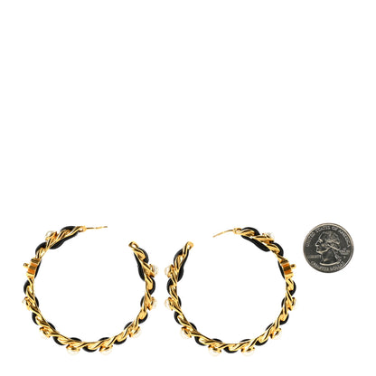 Chanel Lambskin Pearl CC Chain Hoop Earrings Gold Black 3 of 5