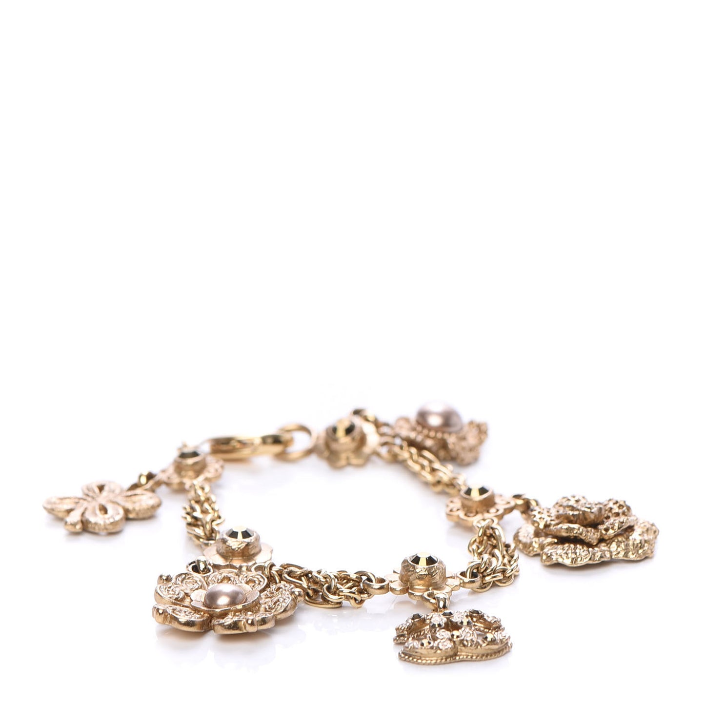 Crystal Pearl Camellia CC Charm Bracelet Gold