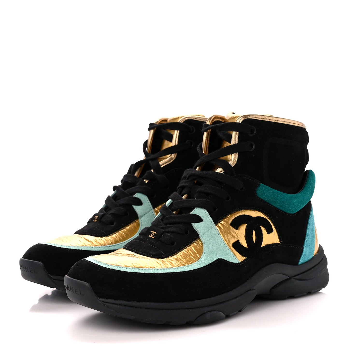 Suede Calfskin Fabric CC High Top Sneakers 40 Black Turquoise Gold