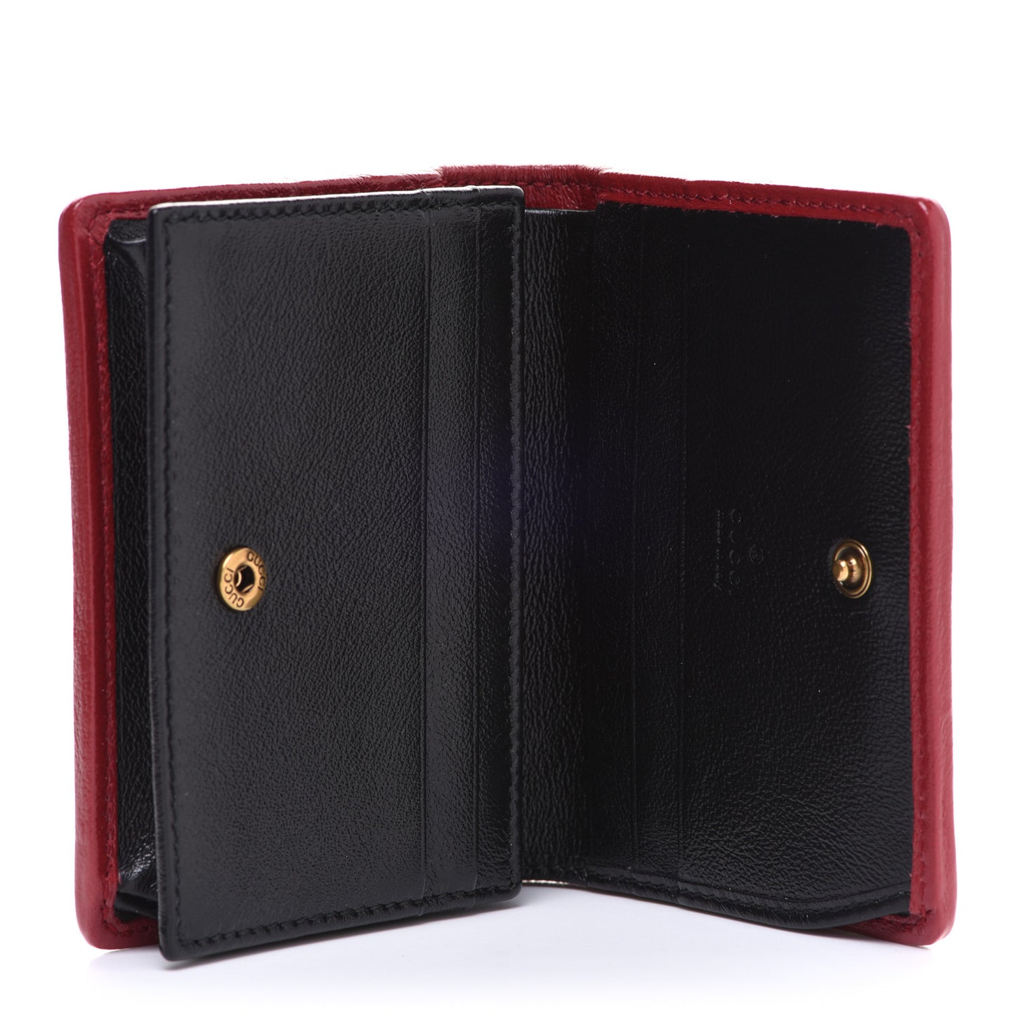 Vintage Effect Calfskin Matelasse Diagonal Torchon GG Marmont Card Case Wallet Black Romantic Cherry