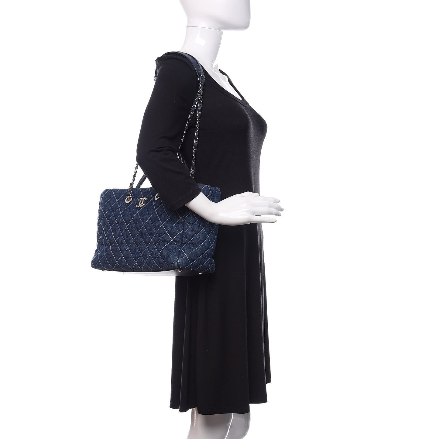 Denim Quilted Medium Coco Handle Shopping Tote Blue