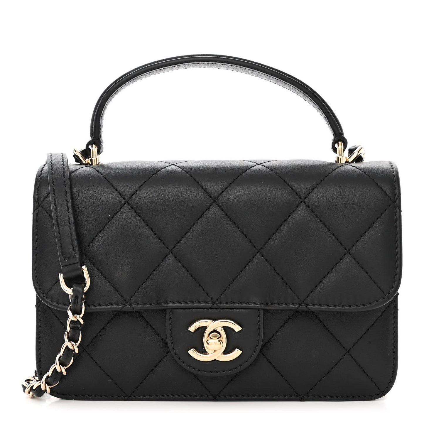 Calfskin Quilted Small Top Handle Flap Black