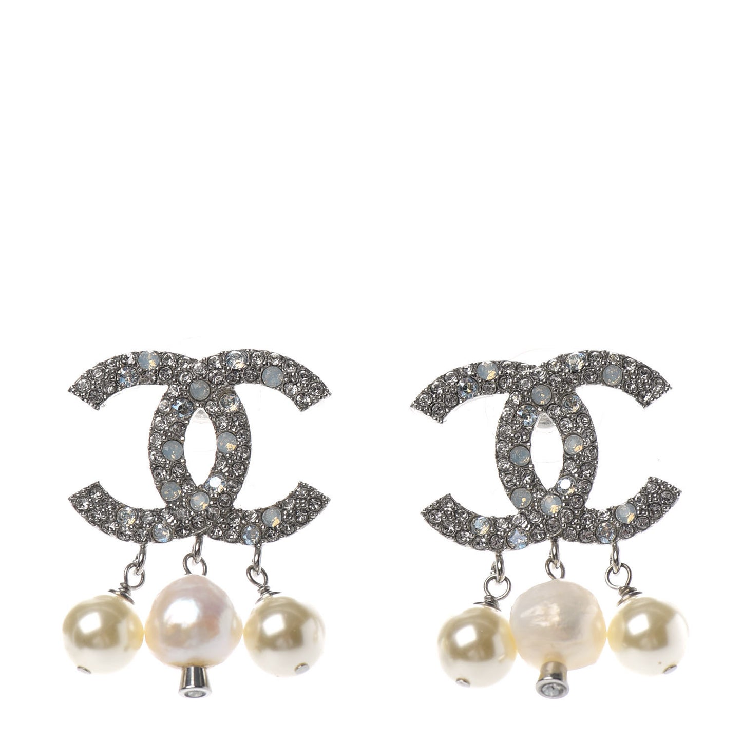 Crystal Pearl CC Drop Earrings Silver