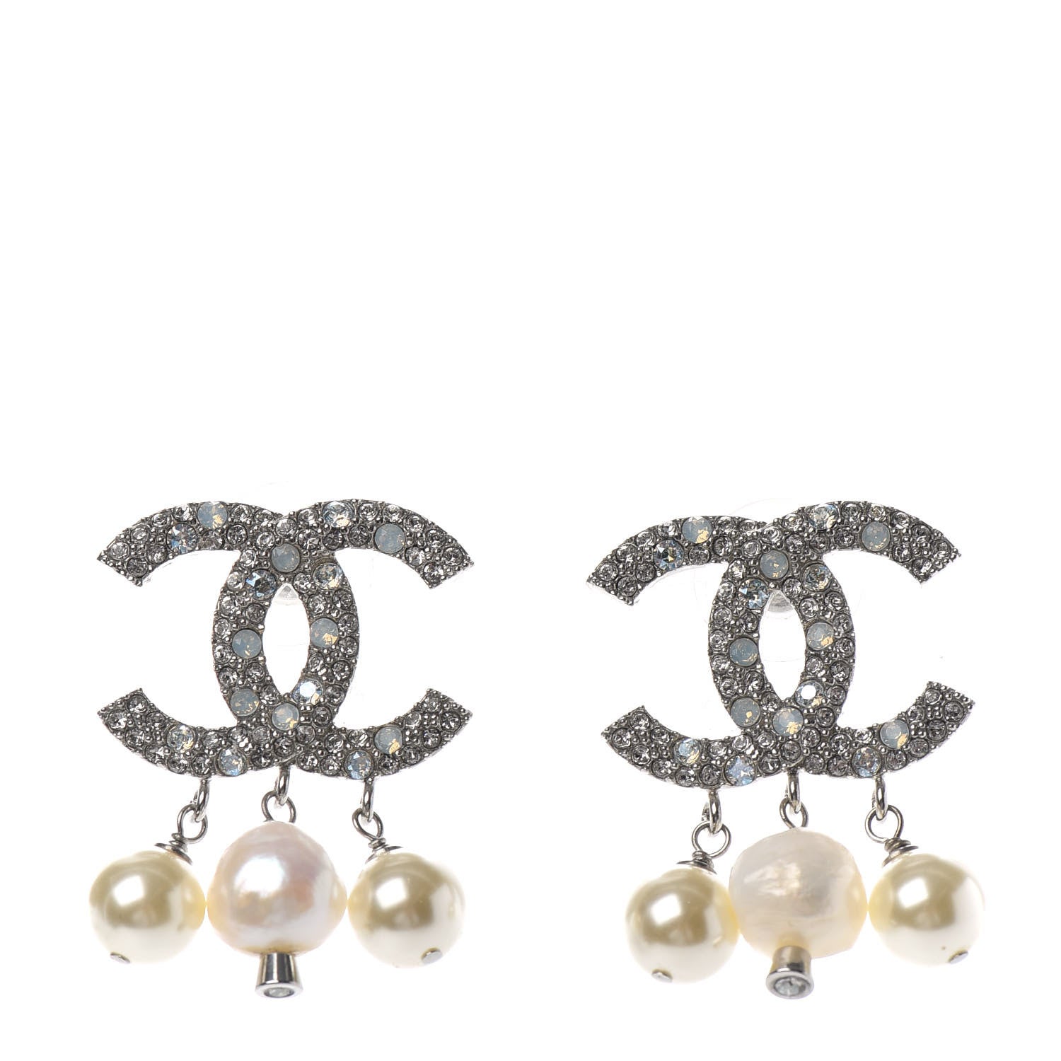 Chanel Crystal Pearl CC Drop Earrings Silver 1 of 4