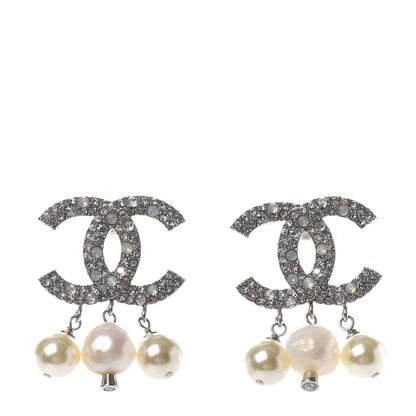 Chanel Crystal Pearl CC Drop Earrings Silver 1 of 4