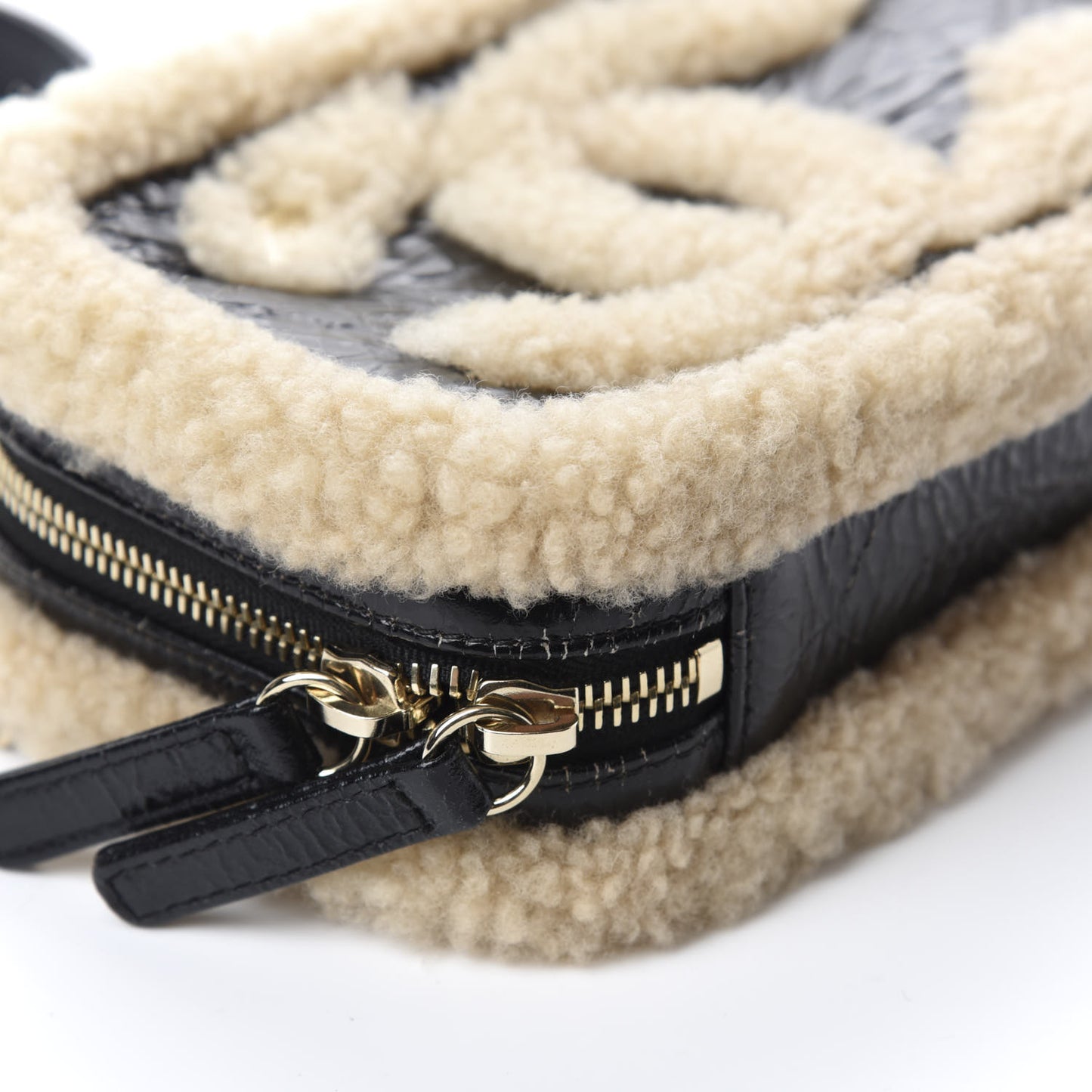 Shiny Crumpled Sheepskin Shearling Waist Bag Black Beige