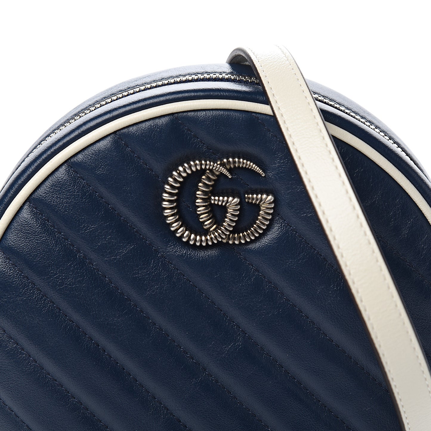Azalea Calfskin Matelasse Diagonal Mini Torchon GG Marmont Round Shoulder Bag Blue Agata Mystic White