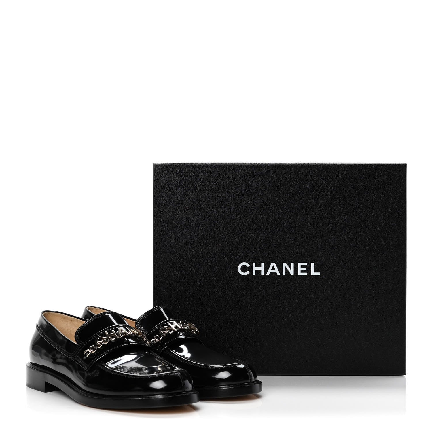 Chanel Shiny Calfskin Logo Loafers 38.5 Black 10 of 10