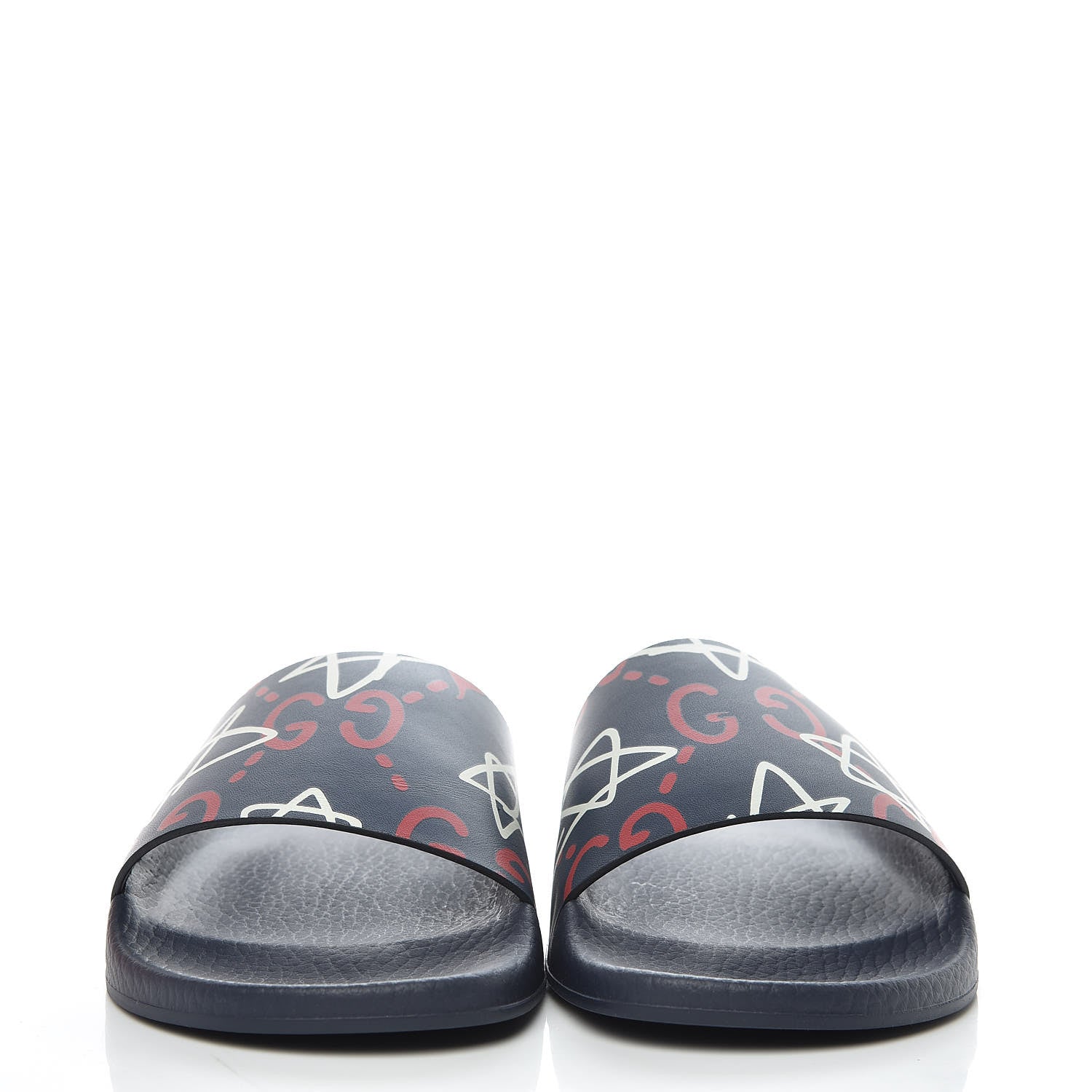 Gucci Calfskin GucciGhost Print Womens Slide Sandals 39 Blue Agata Hibiscus Red 2 of 8