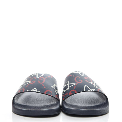 Gucci Calfskin GucciGhost Print Womens Slide Sandals 39 Blue Agata Hibiscus Red 2 of 8
