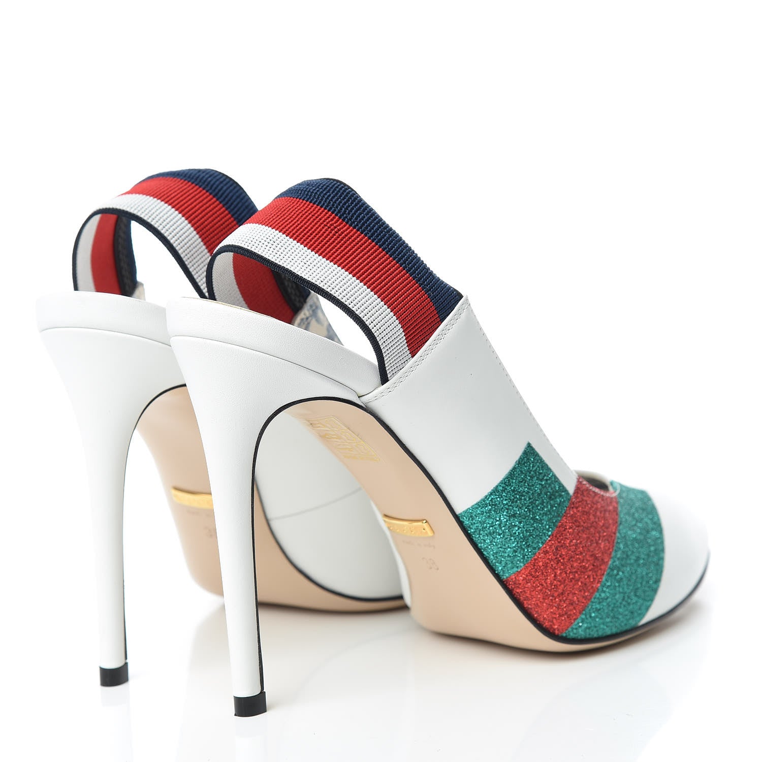 Gucci Calfskin Glitter Web High Heel Slingback Pumps 38 White 4 of 9