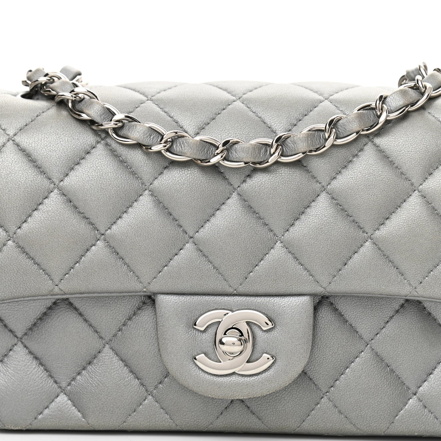 Metallic Lambskin Quilted Mini Rectangular Flap Silver