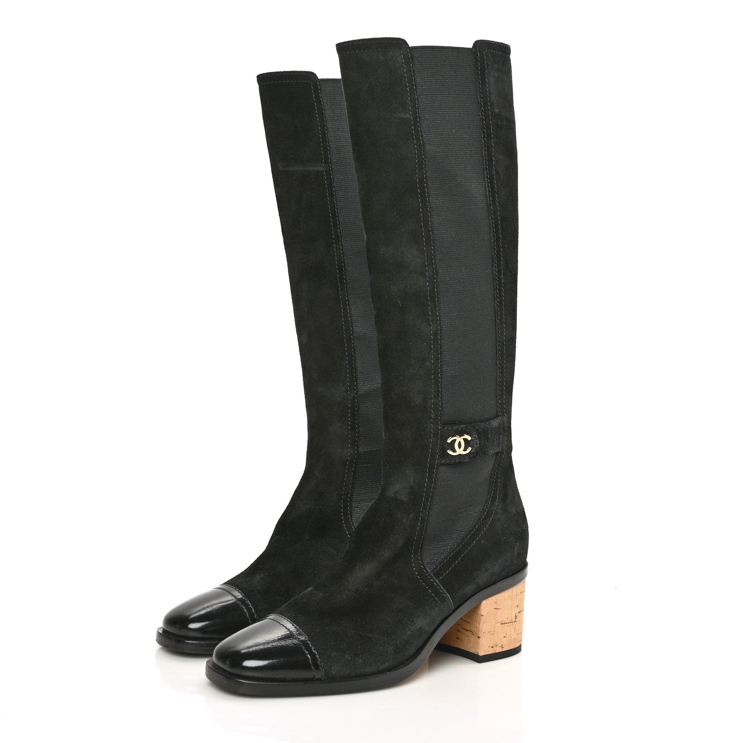 Chanel Suede Patent Calfskin CC Cork Cap Toe Tall Boots 38 Black 3 of 6