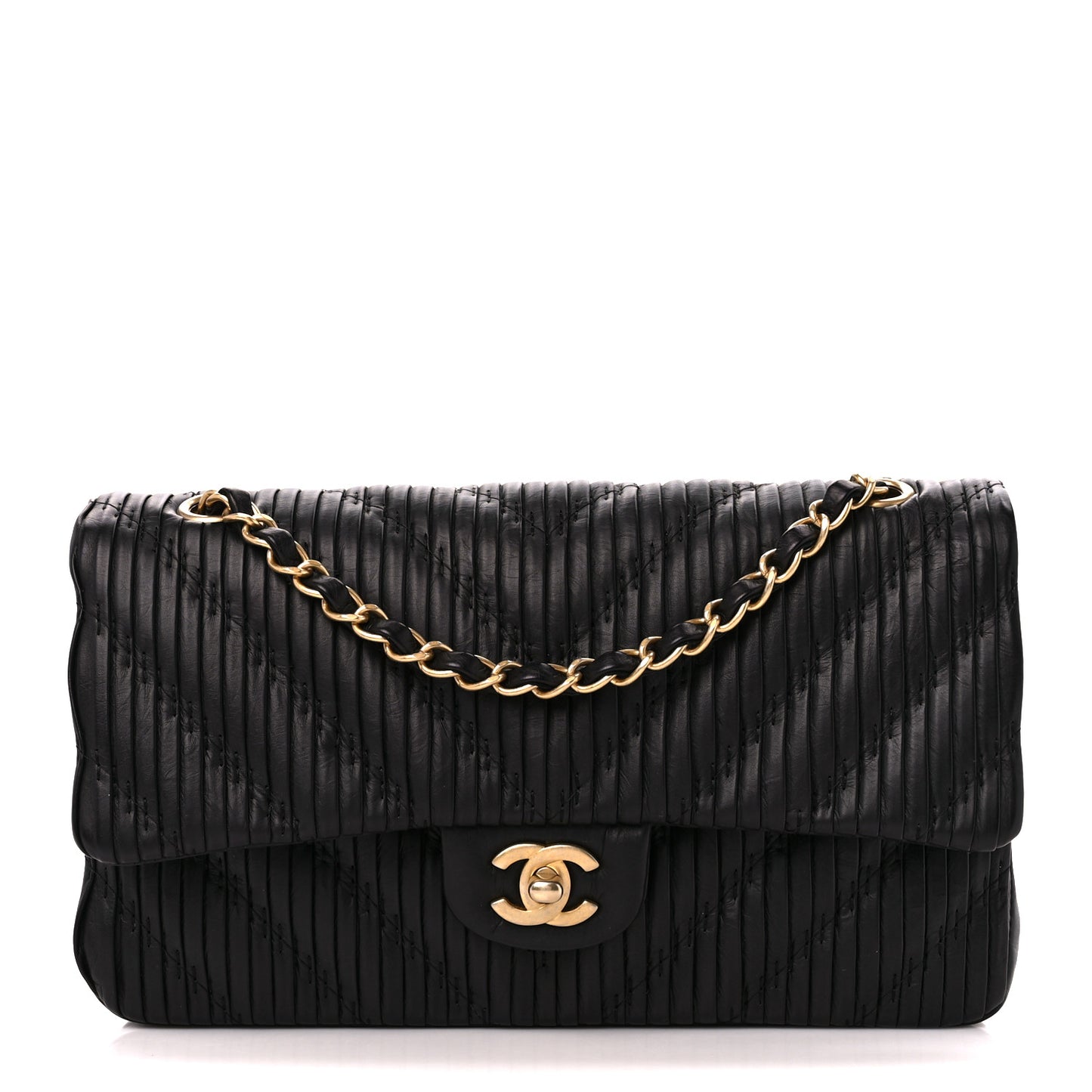 Calfskin Coco Pleats Medium Double Flap Black